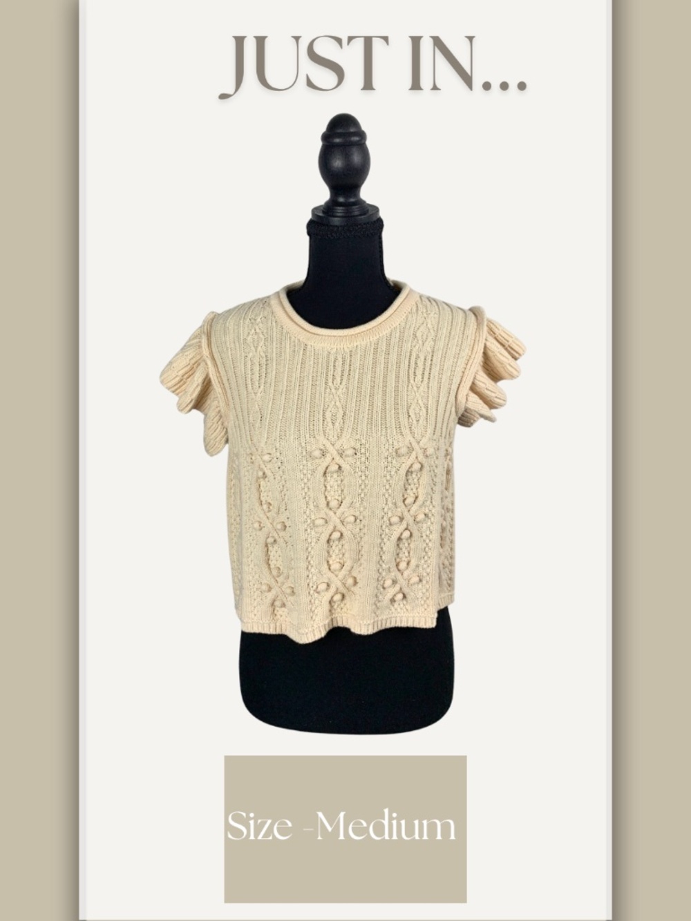 Zara Cream Cable Knit Ruffle Sleeve Cotton Cropped Top M Romantic Bohemian